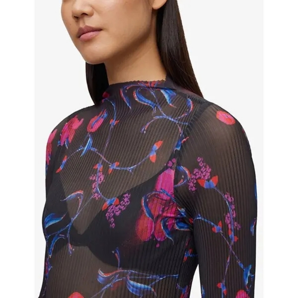BOSS Black Floral Print Slim Fit Stretch Plisse Tulle Top M
